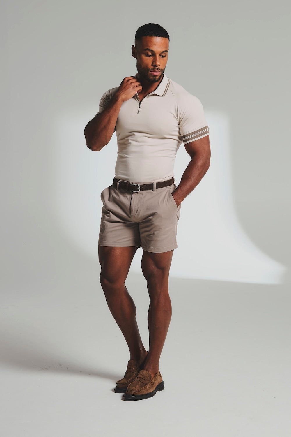 Tipped Zip Neck Polo in Stone and Mocha - TAILORED ATHLETE - USA