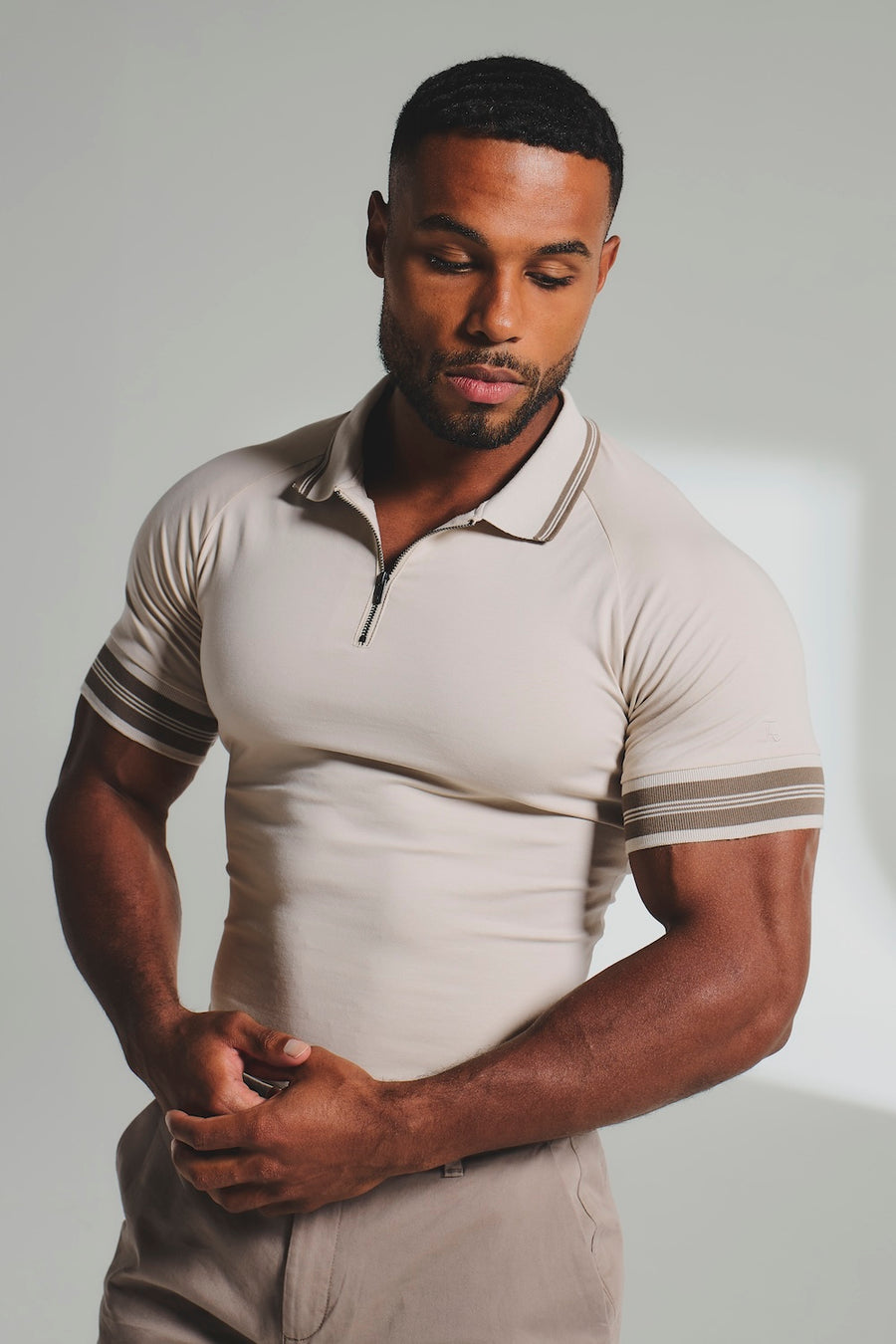 Tipped Zip Neck Polo in Stone and Mocha - TAILORED ATHLETE - USA