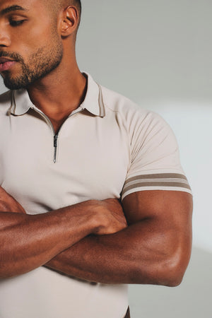 Tipped Zip Neck Polo in Stone and Mocha - TAILORED ATHLETE - USA