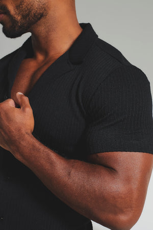 Fine Textured Stripe Cuban Collar Shirt in Black - TAILORED ATHLETE - USA