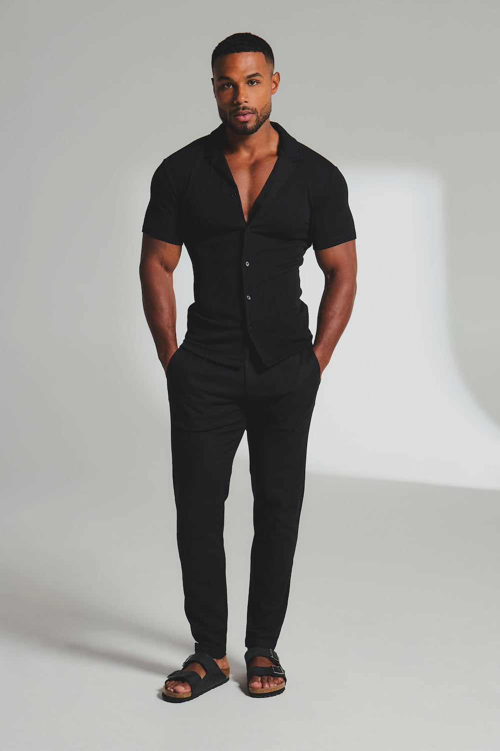 Fine Textured Stripe Cuban Collar Shirt in Black - TAILORED ATHLETE - USA
