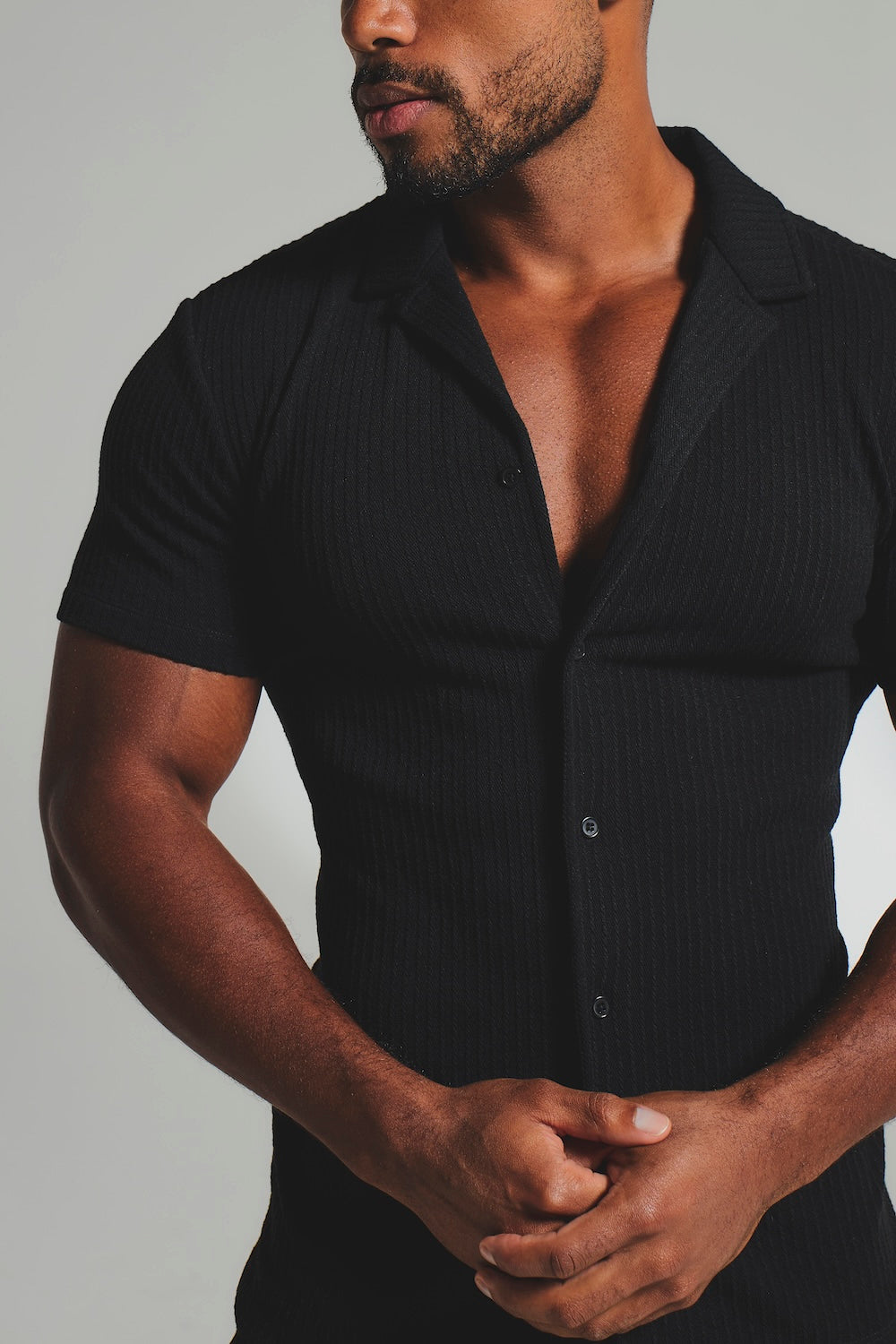 Fine Textured Stripe Cuban Collar Shirt in Black - TAILORED ATHLETE - USA