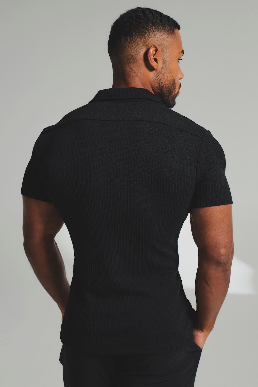 Fine Textured Stripe Cuban Collar Shirt in Black - TAILORED ATHLETE - USA