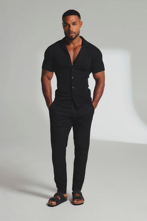 Fine Textured Stripe Cuban Collar Shirt in Black - TAILORED ATHLETE - USA