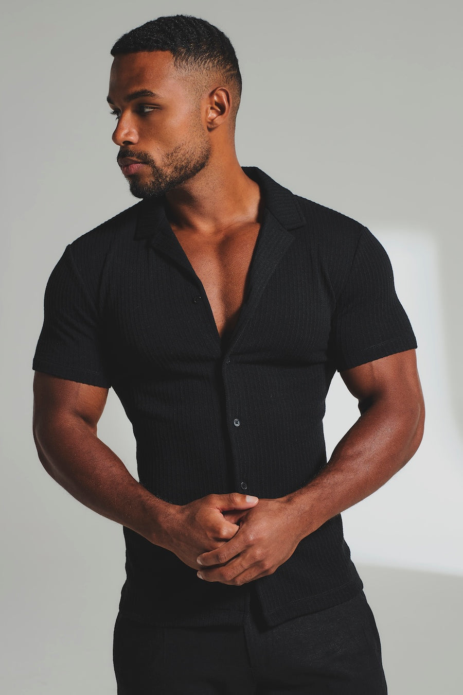 Fine Textured Stripe Cuban Collar Shirt in Black - TAILORED ATHLETE - USA