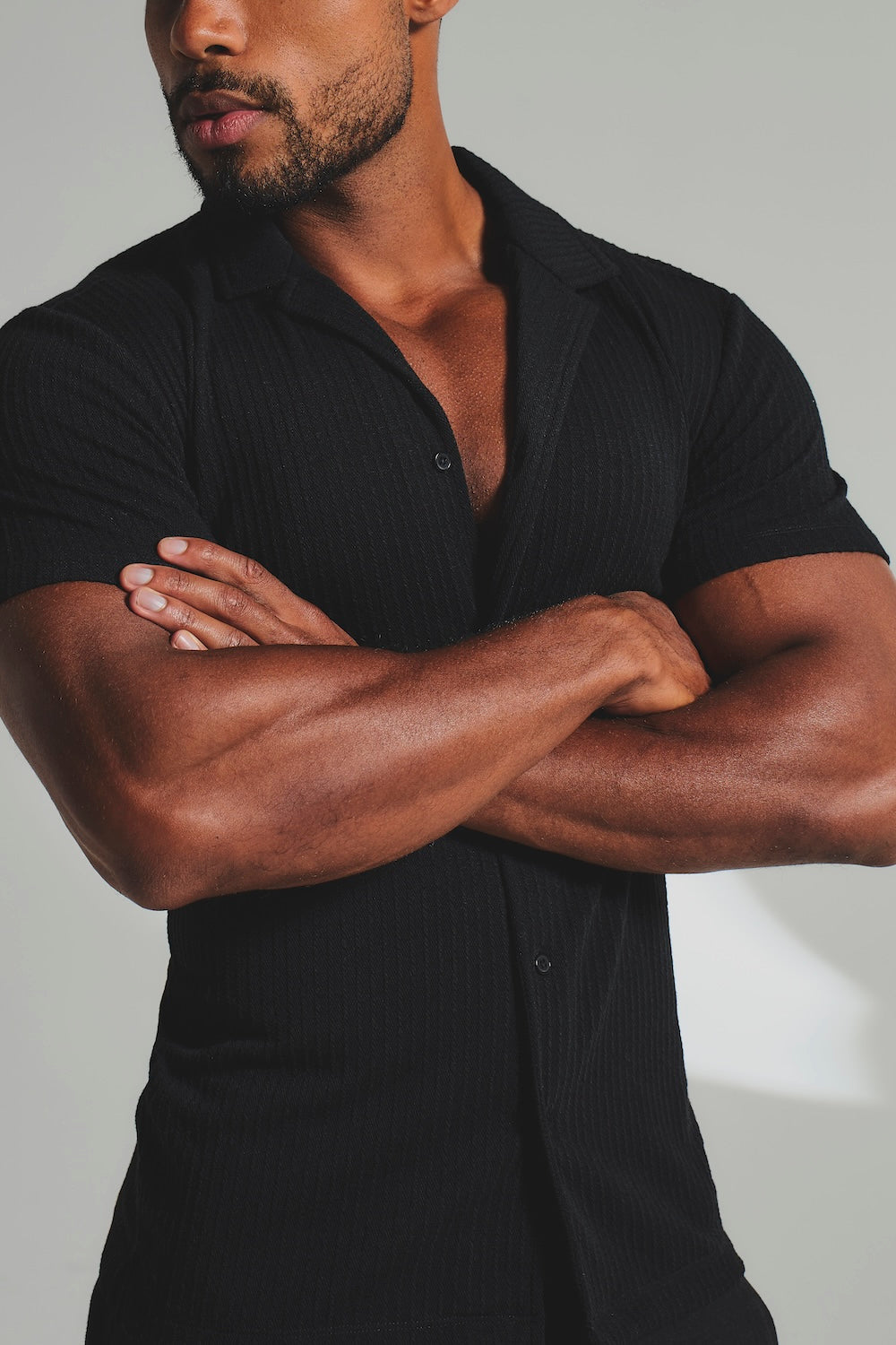 Fine Textured Stripe Cuban Collar Shirt in Black - TAILORED ATHLETE - USA