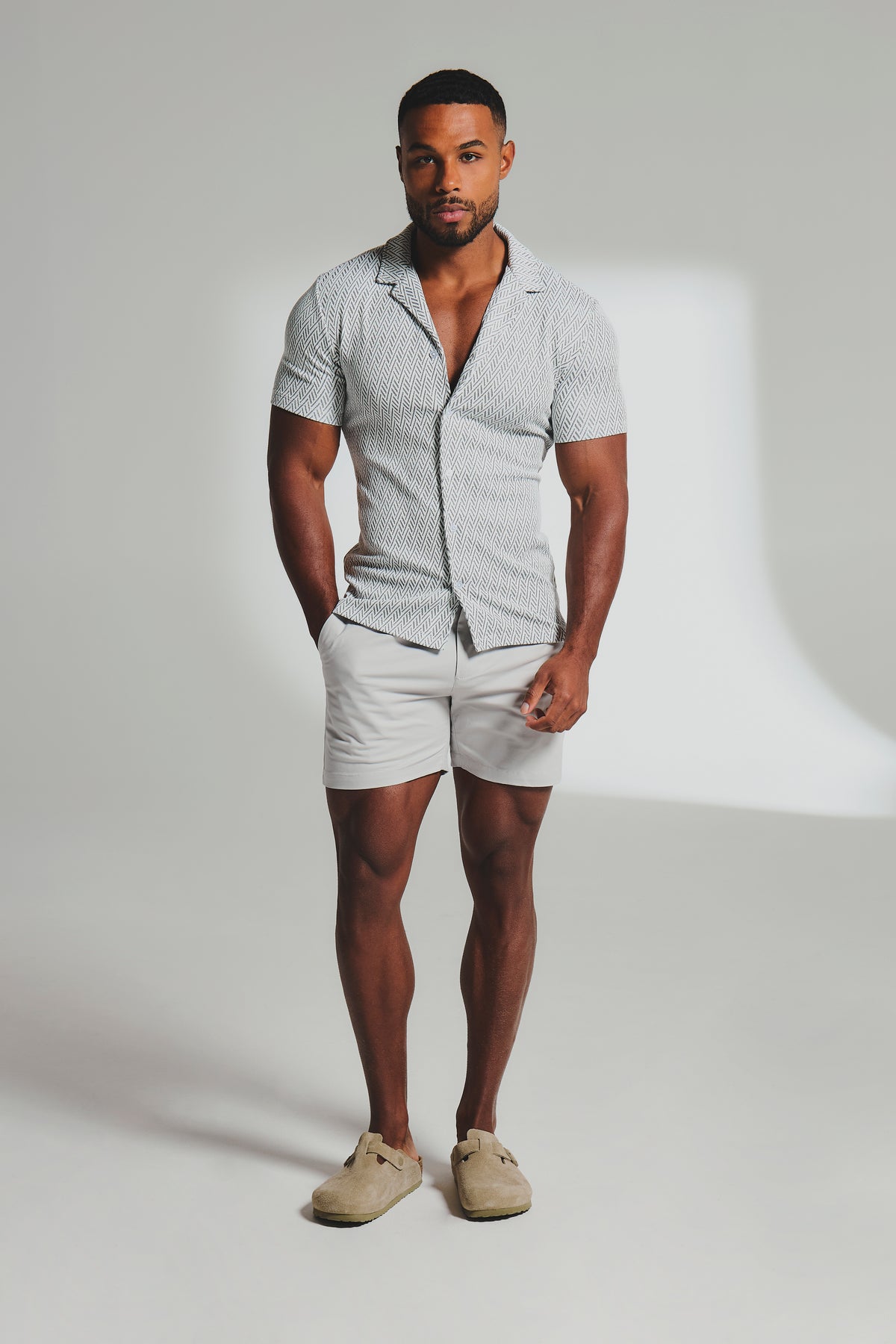 Textured Geo Cuban Collar Shirt in White and Black - TAILORED ATHLETE - USA