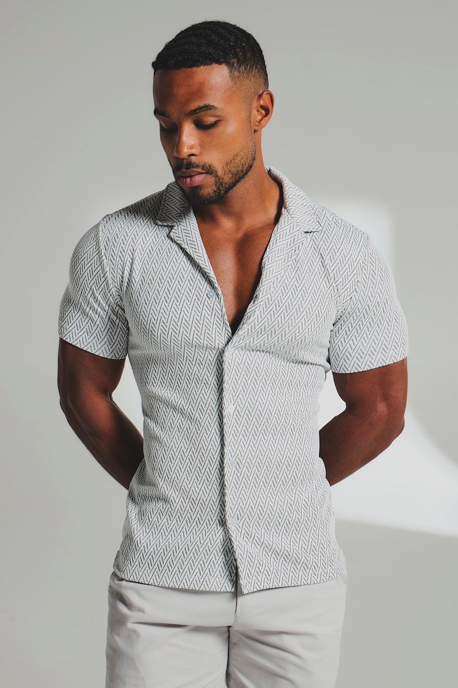 Textured Geo Cuban Collar Shirt in White and Black - TAILORED ATHLETE - USA