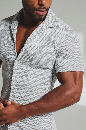 Textured Geo Cuban Collar Shirt in White and Black - TAILORED ATHLETE - USA