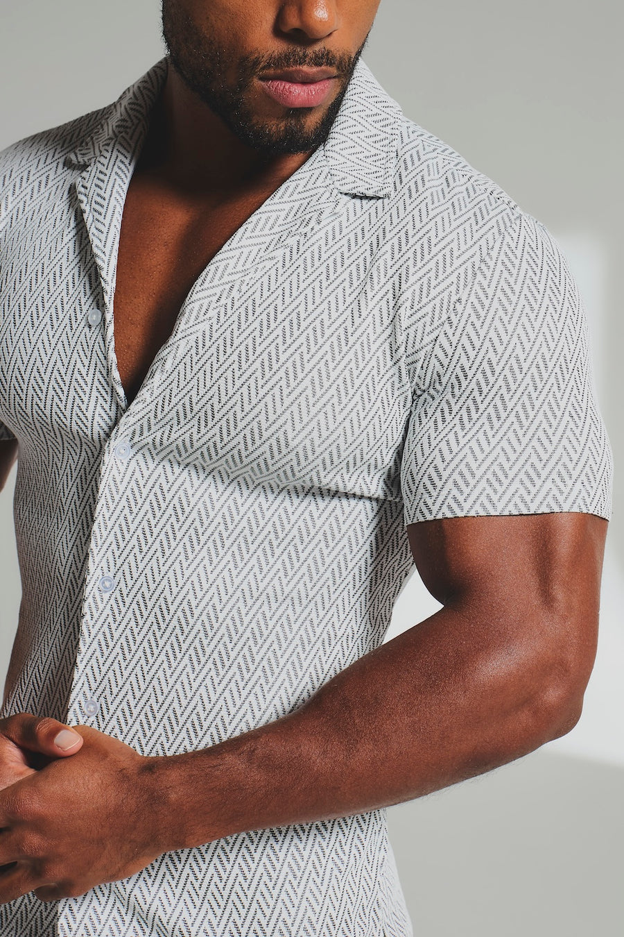 Textured Geo Cuban Collar Shirt in White and Black - TAILORED ATHLETE - USA