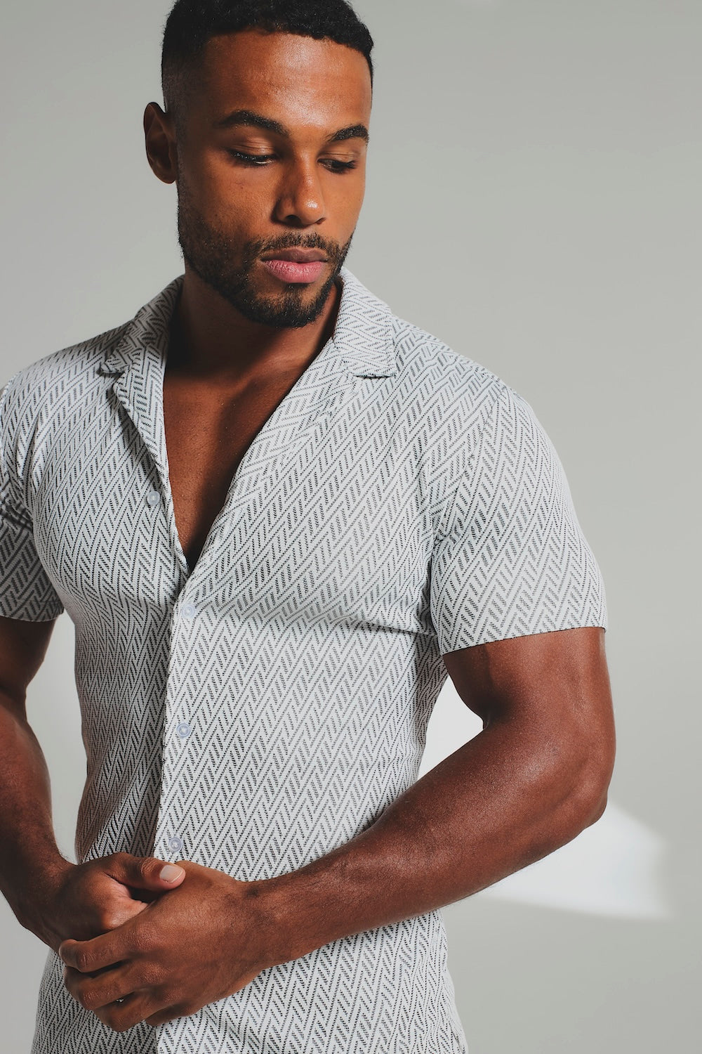 Textured Geo Cuban Collar Shirt in White and Black - TAILORED ATHLETE - USA