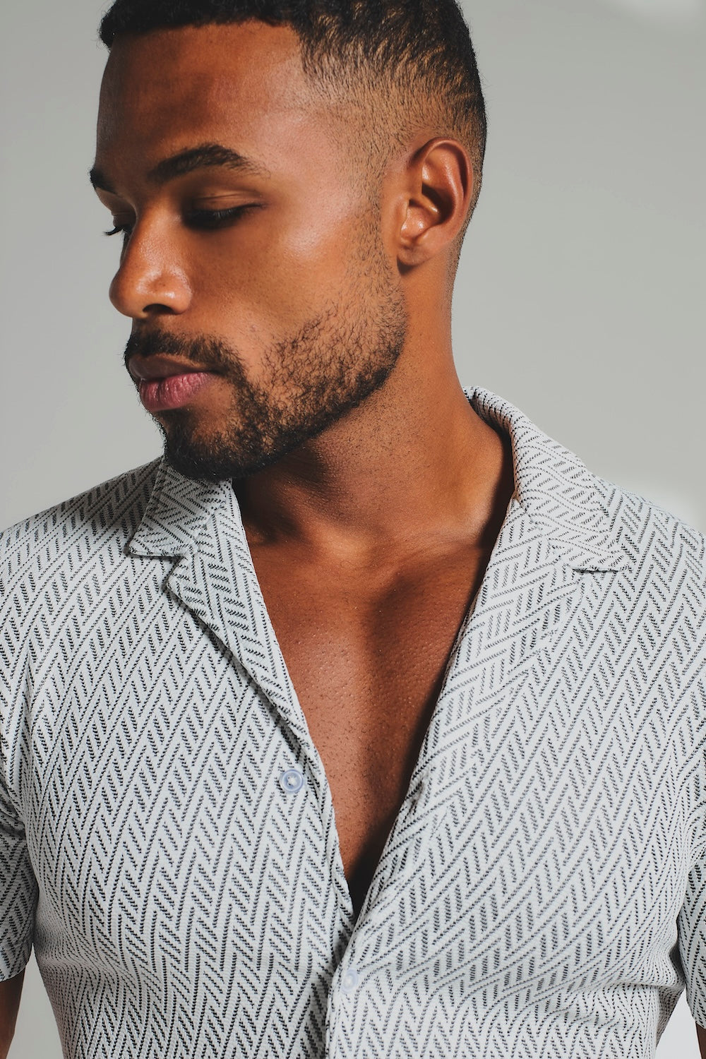 Textured Geo Cuban Collar Shirt in White and Black - TAILORED ATHLETE - USA