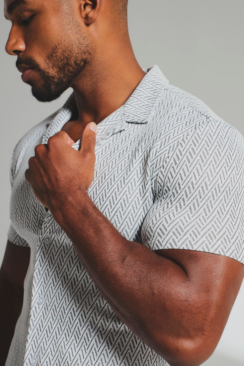 Textured Geo Cuban Collar Shirt in White and Black - TAILORED ATHLETE - USA