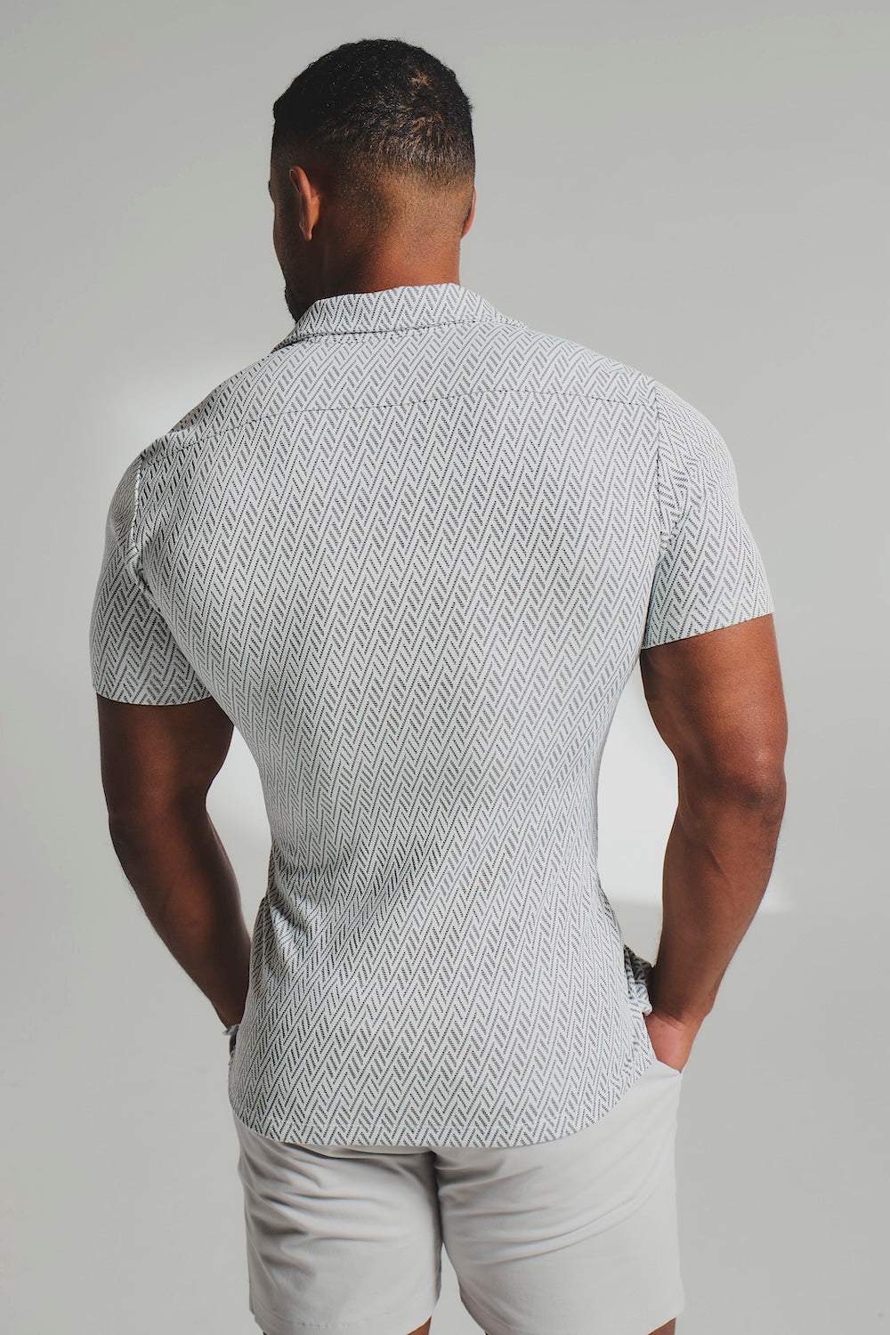 Textured Geo Cuban Collar Shirt in White and Black - TAILORED ATHLETE - USA