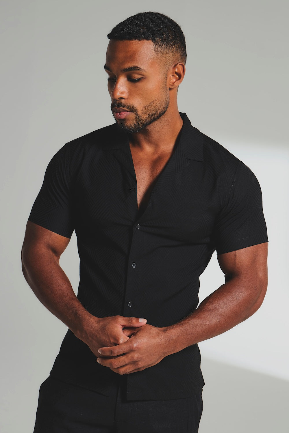 Woven Textured Cuban Collar Shirt in Black - TAILORED ATHLETE - USA