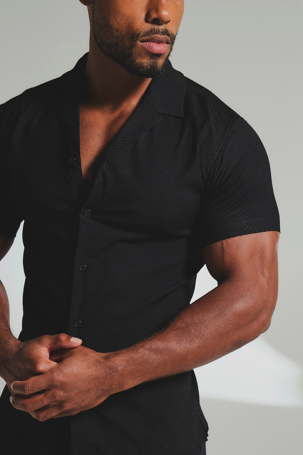Woven Textured Cuban Collar Shirt in Black - TAILORED ATHLETE - USA