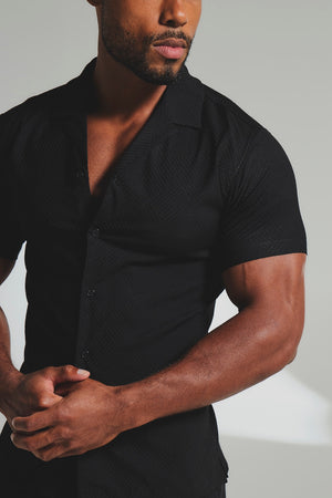 Woven Textured Cuban Collar Shirt in Black - TAILORED ATHLETE - USA