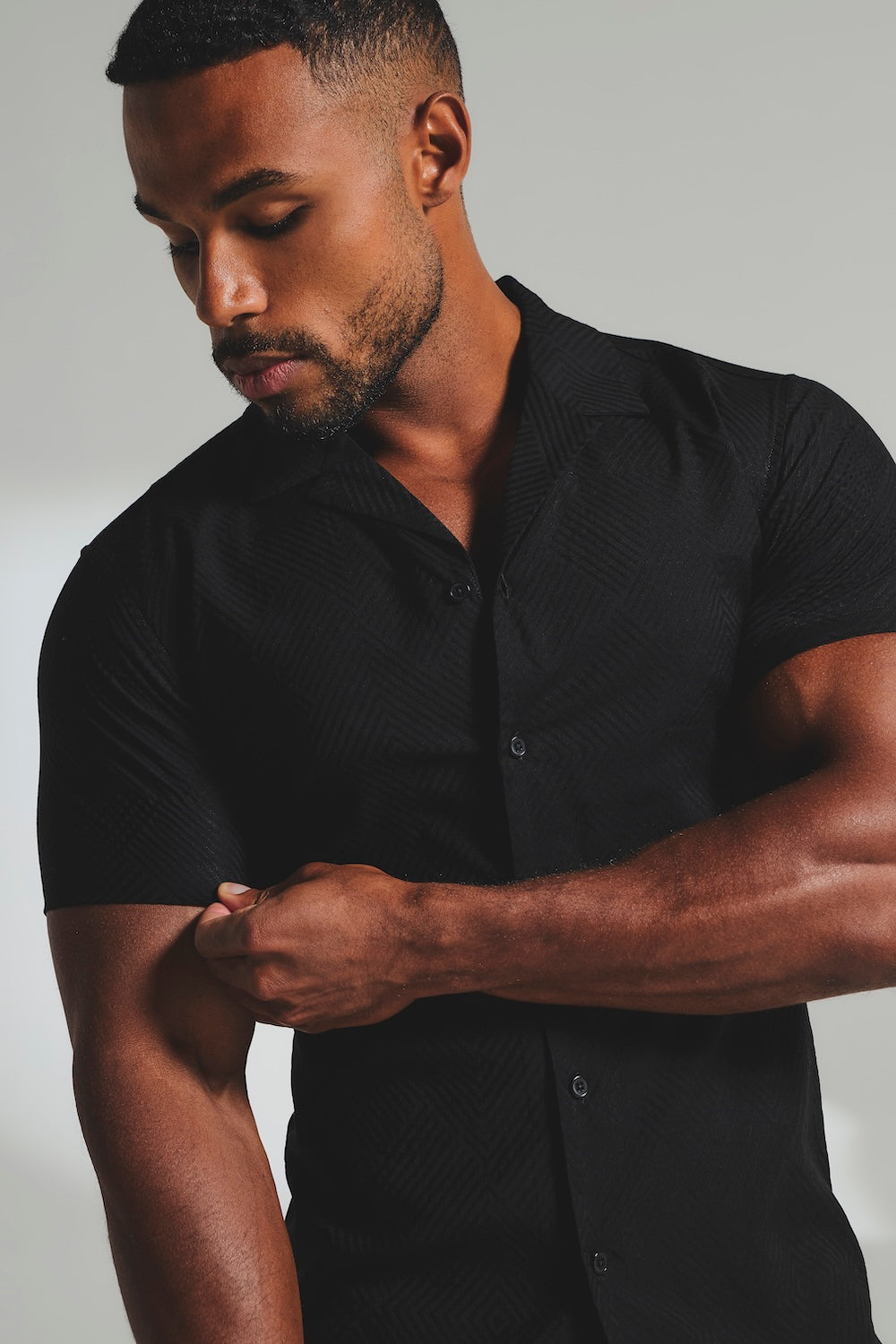 Woven Textured Cuban Collar Shirt in Black - TAILORED ATHLETE - USA