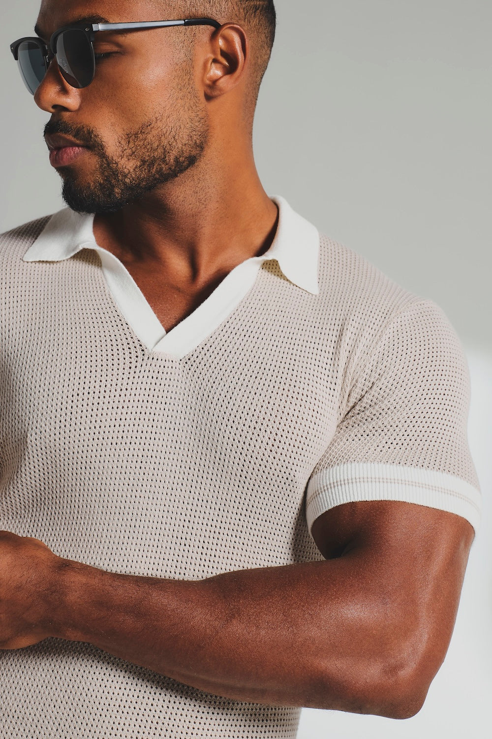 Colour Block Tipped Knitted Open Collar Polo in Neutral - TAILORED ATHLETE - USA