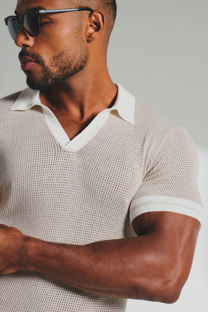 Colour Block Tipped Knitted Open Collar Polo in Neutral - TAILORED ATHLETE - USA