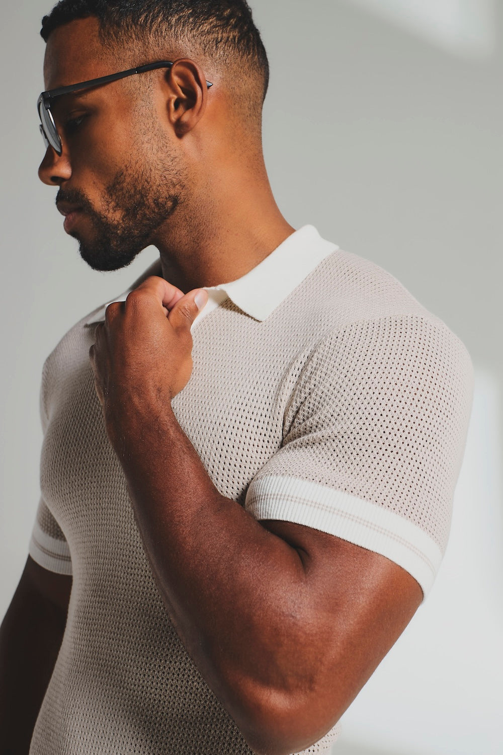 Colour Block Tipped Knitted Open Collar Polo in Neutral - TAILORED ATHLETE - USA