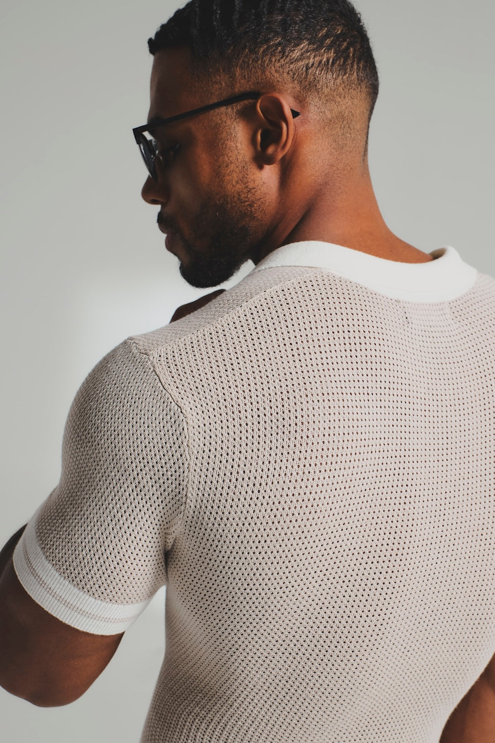 Colour Block Tipped Knitted Open Collar Polo in Neutral - TAILORED ATHLETE - USA