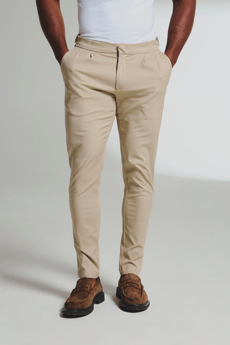 Smart Pleated Cotton Side Adjust Pants in Stone - TAILORED ATHLETE - USA