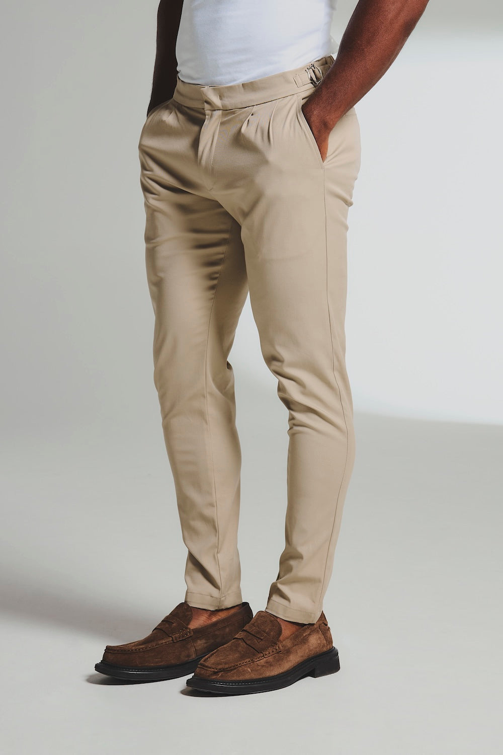Smart Pleated Cotton Side Adjust Pants in Stone - TAILORED ATHLETE - USA