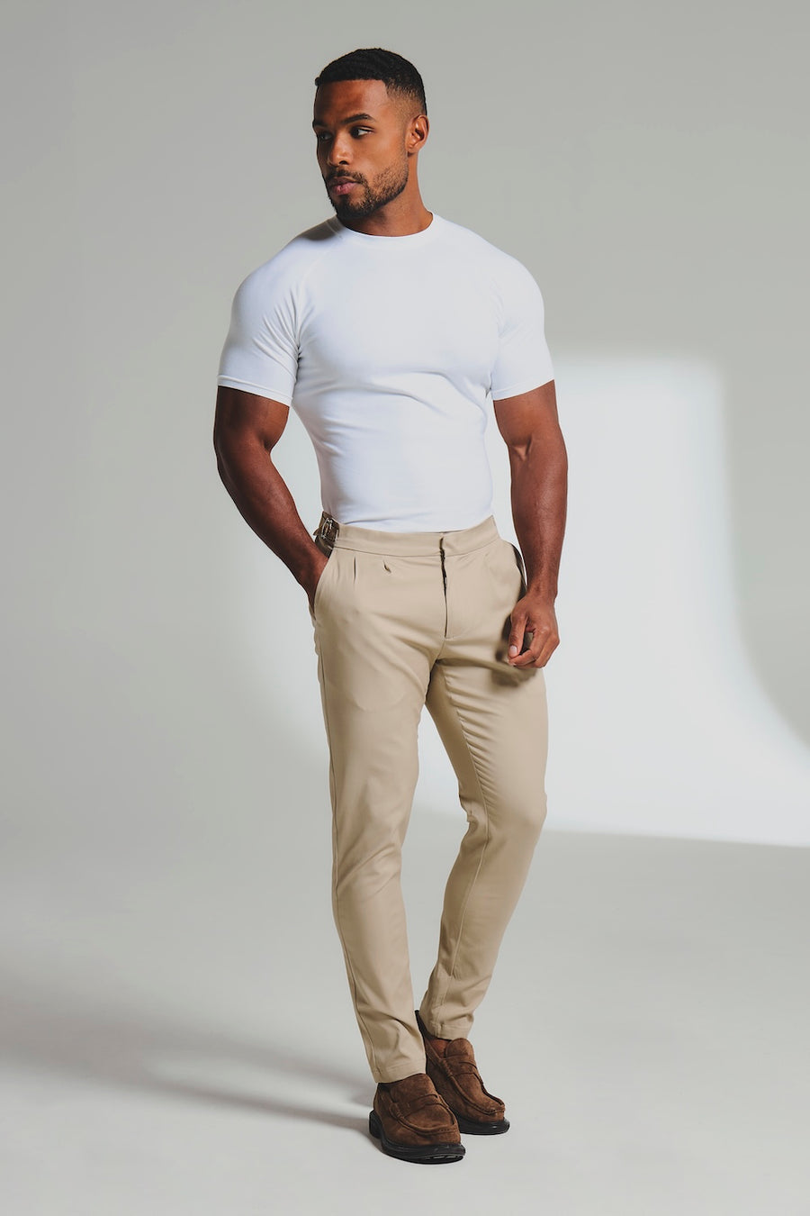 Smart Pleated Cotton Side Adjust Pants in Stone - TAILORED ATHLETE - USA