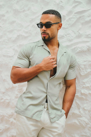 Stretch Linen Blend Cuban Collar Shirt in Soft Sage - TAILORED ATHLETE - USA