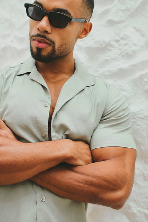 Stretch Linen Blend Cuban Collar Shirt in Soft Sage - TAILORED ATHLETE - USA