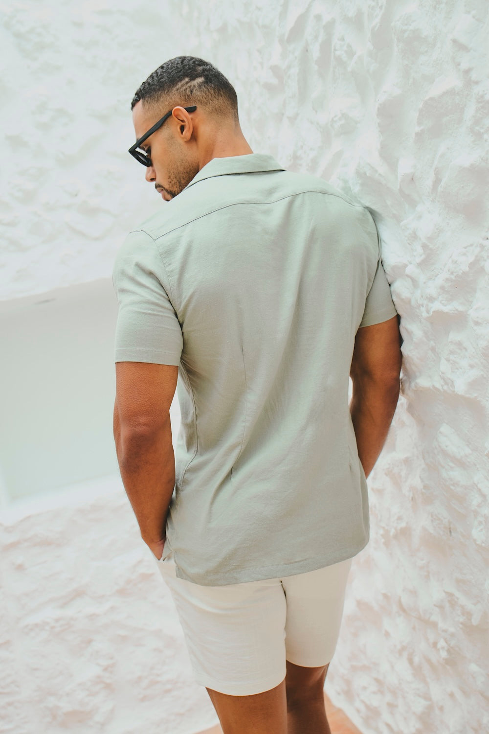Stretch Linen Blend Cuban Collar Shirt in Soft Sage - TAILORED ATHLETE - USA