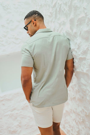 Stretch Linen Blend Cuban Collar Shirt in Soft Sage - TAILORED ATHLETE - USA