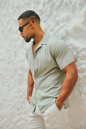 Stretch Linen Blend Cuban Collar Shirt in Soft Sage - TAILORED ATHLETE - USA