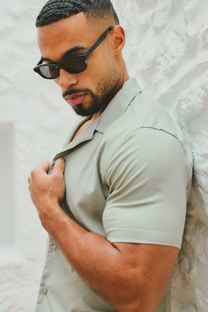 Stretch Linen Blend Cuban Collar Shirt in Soft Sage - TAILORED ATHLETE - USA