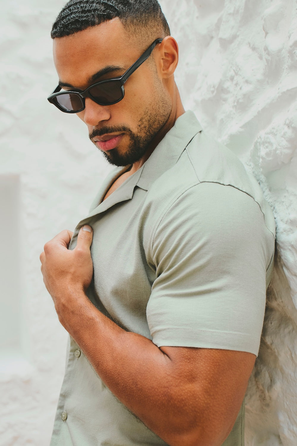 Stretch Linen Blend Cuban Collar Shirt in Soft Sage - TAILORED ATHLETE - USA