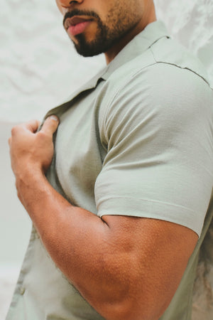 Stretch Linen Blend Cuban Collar Shirt in Soft Sage - TAILORED ATHLETE - USA