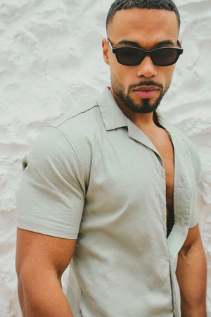 Stretch Linen Blend Cuban Collar Shirt in Soft Sage - TAILORED ATHLETE - USA