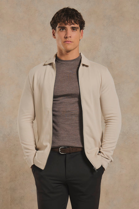 Twill Jersey Zip Through Shacket in Stone