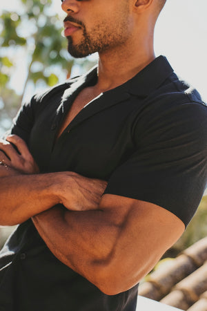 Stretch Linen Blend Cuban Collar Shirt in Black - TAILORED ATHLETE - USA