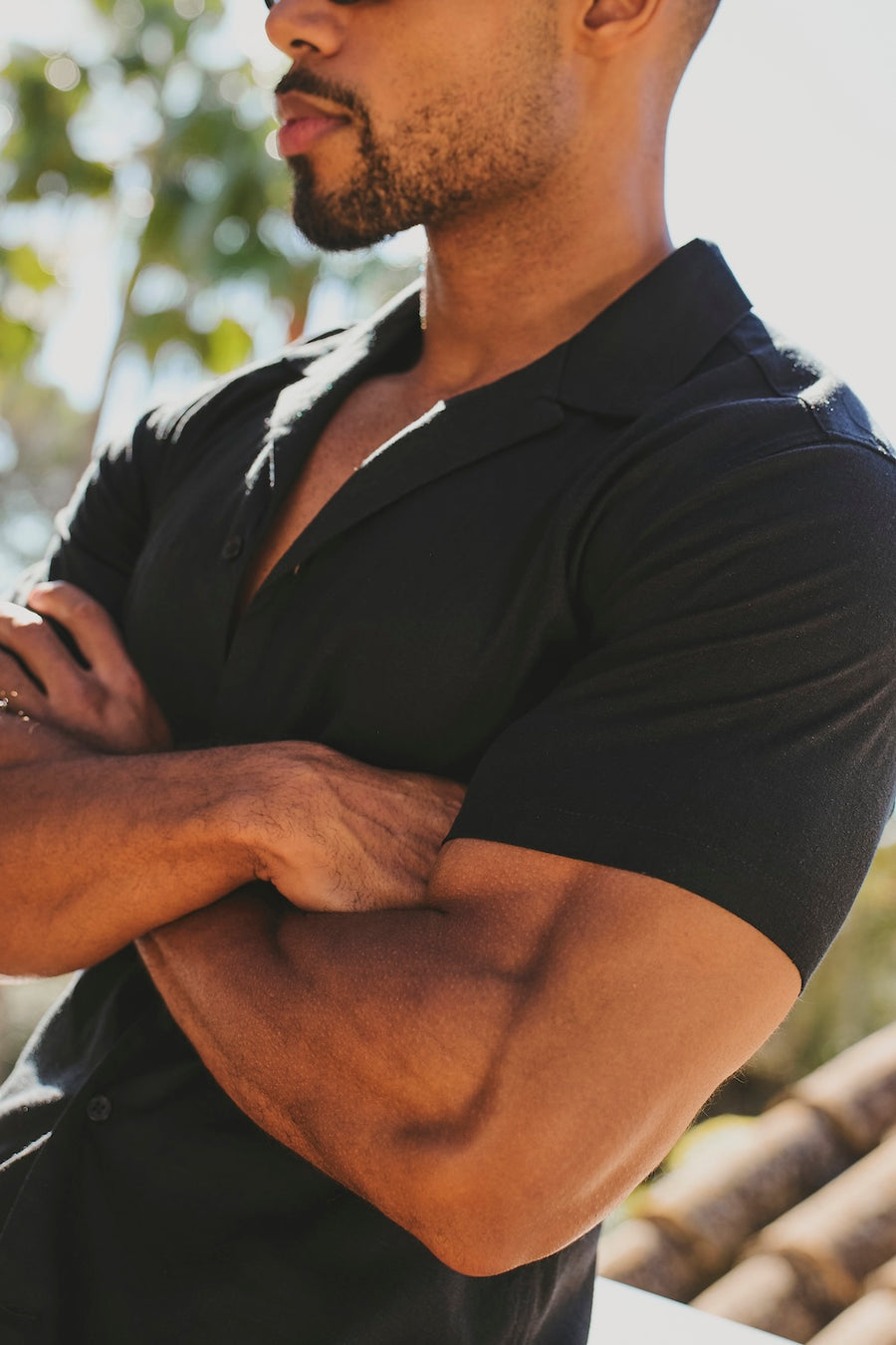 Stretch Linen Blend Cuban Collar Shirt in Black - TAILORED ATHLETE - USA