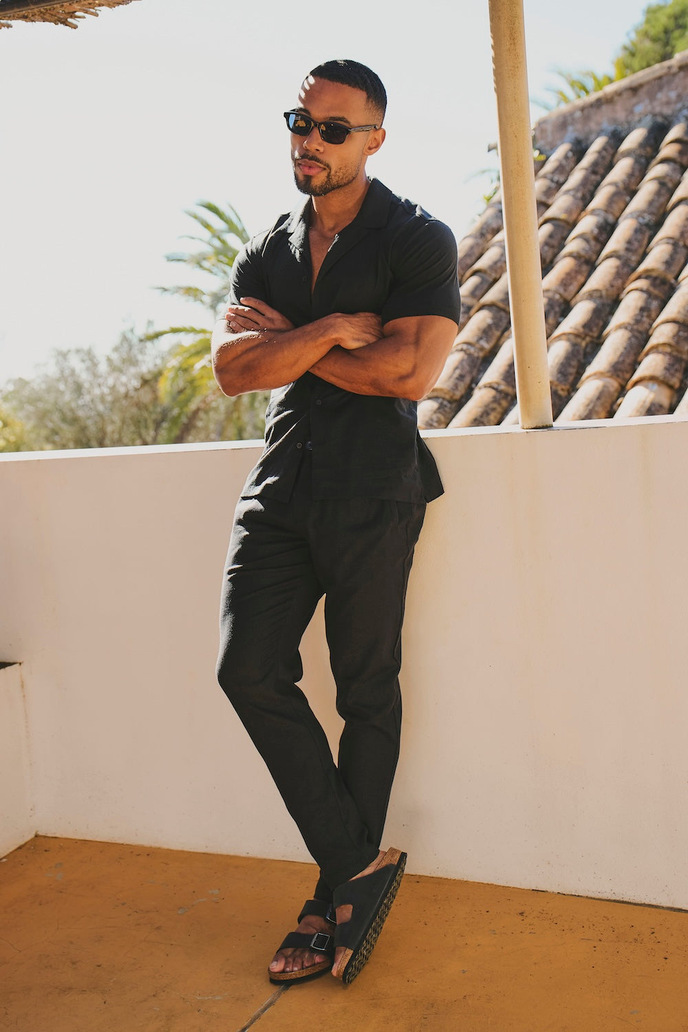 Stretch Linen Blend Cuban Collar Shirt in Black - TAILORED ATHLETE - USA