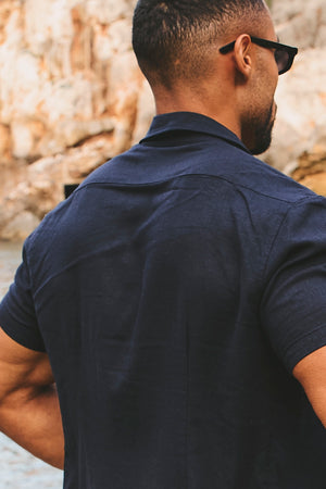 Stretch Linen Blend Button Through Shirt in Navy - TAILORED ATHLETE - USA