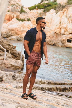 Stretch Linen Blend Button Through Shirt in Navy - TAILORED ATHLETE - USA
