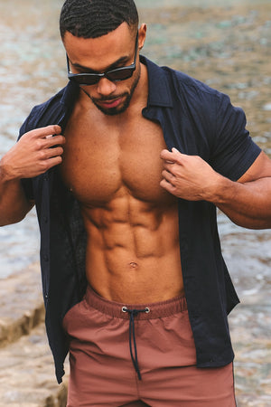 Stretch Linen Blend Button Through Shirt in Navy - TAILORED ATHLETE - USA