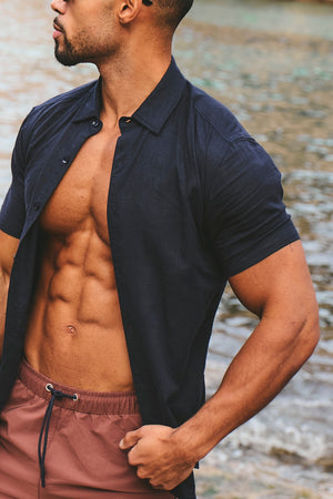 Stretch Linen Blend Button Through Shirt in Navy - TAILORED ATHLETE - USA