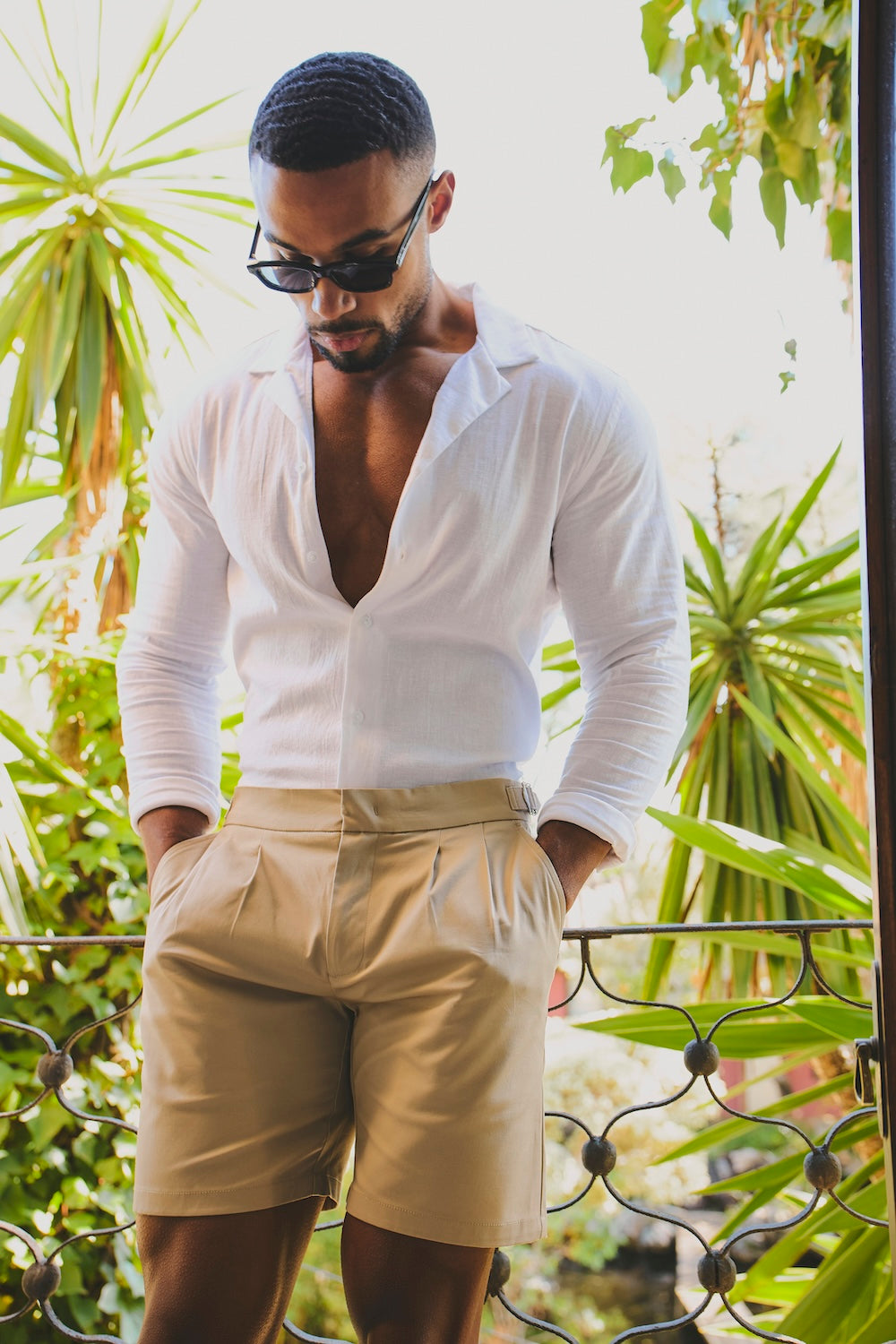 Smart Pleated Cotton Side Adjust Shorts in Stone 30