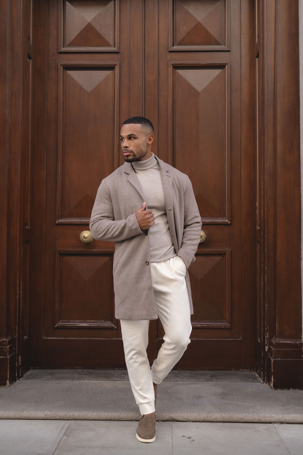 Single Breasted Herringbone Overcoat in Stone M Single Breasted Herringbone Overcoat in Stone M