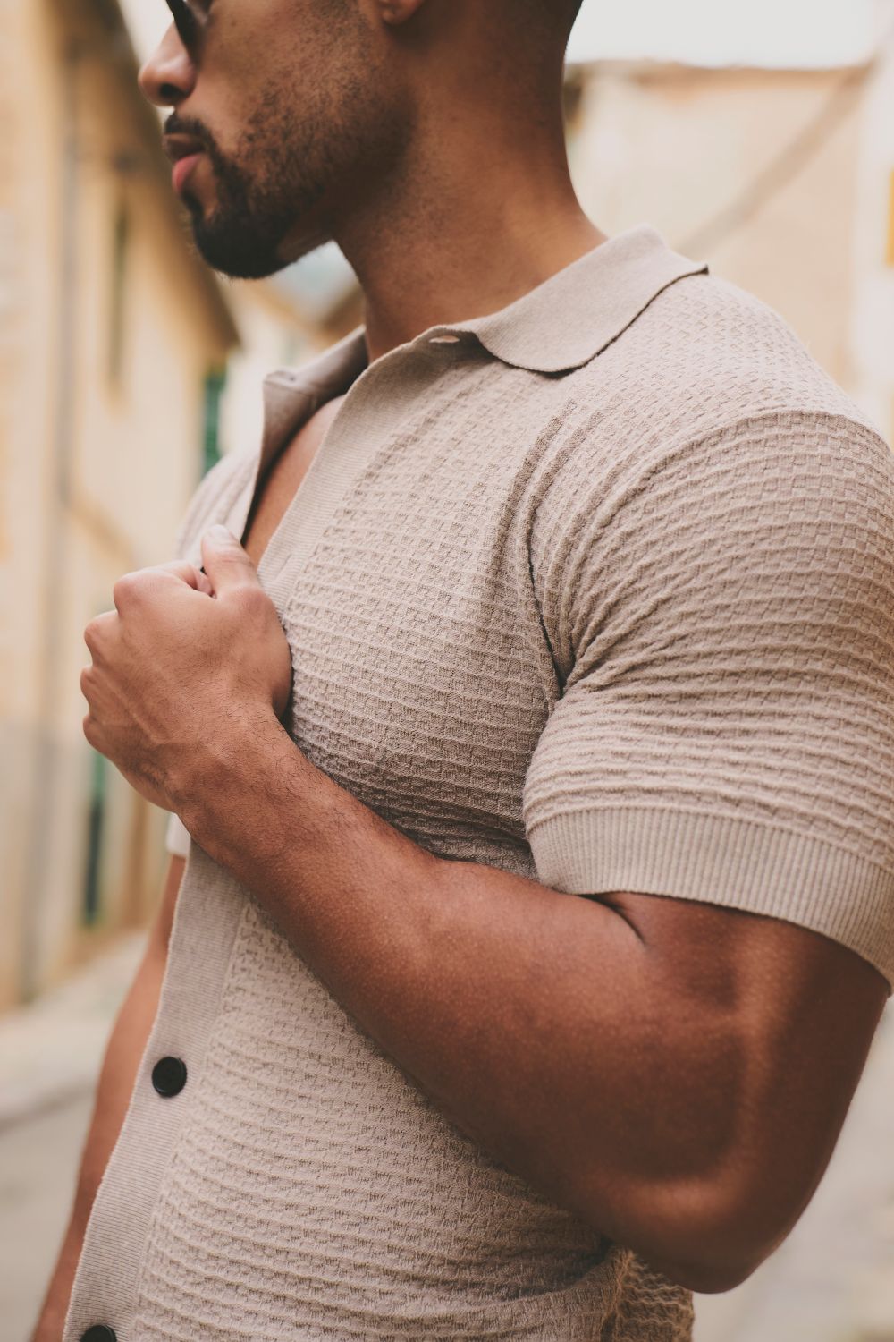 Square Textured Knitted Shirt in Neutral Marl - TAILORED ATHLETE - USA