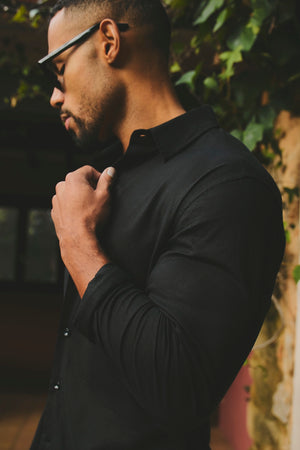 Stretch Linen Blend Button Through Shirt in Black - TAILORED ATHLETE - USA